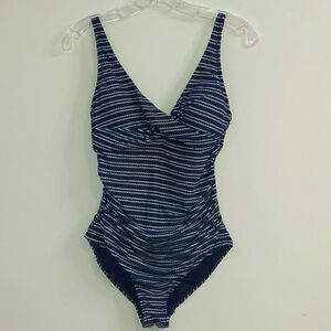 Bond-eye NipTuck Navy Blue Nautical Rope Stripe Side Ruched One-Piece Swimsuit 6